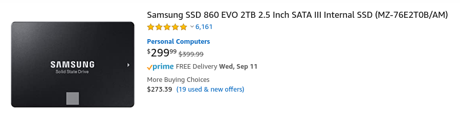 A 2TB SSD for sale on Amazon at $299.99